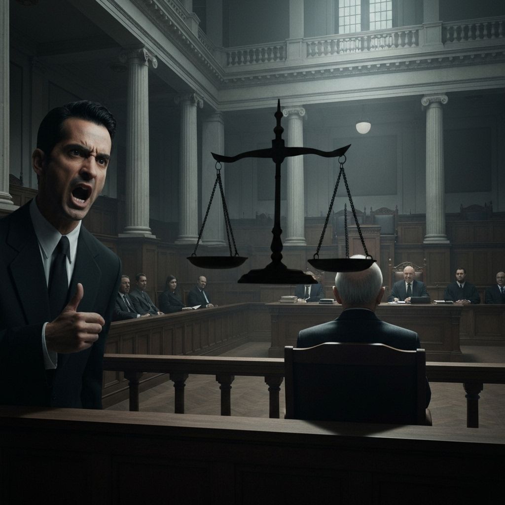 Courtroom justice scales representing the legal tragedy and family feud